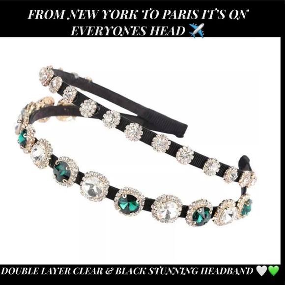 Double Layer Rhinestones Clear & Green 💚 Stunning Headband 🤍💚🤍 - Picture 4 of 8